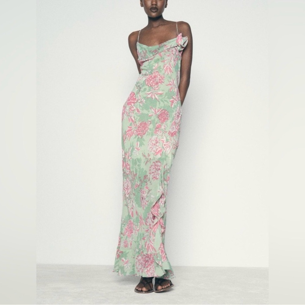 Zara Green and Pink Floral Maxi Dress
